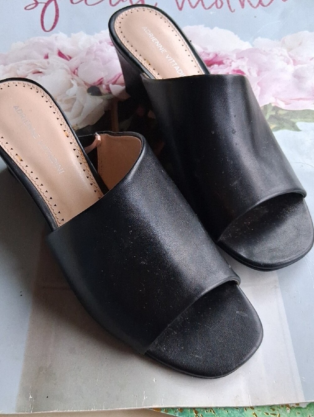 Adrienne Vittadini Black Open-Toe Slip-On Wedge Mules - Picture 3 of 6